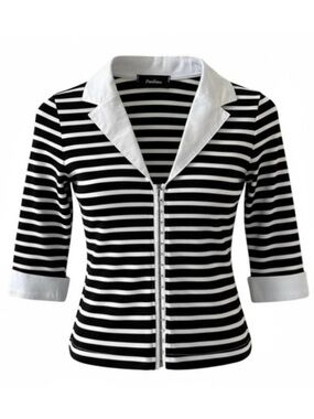 Paolina Black and White Striped Collared 3/4 Sleeve French Cuff Top Size 2
